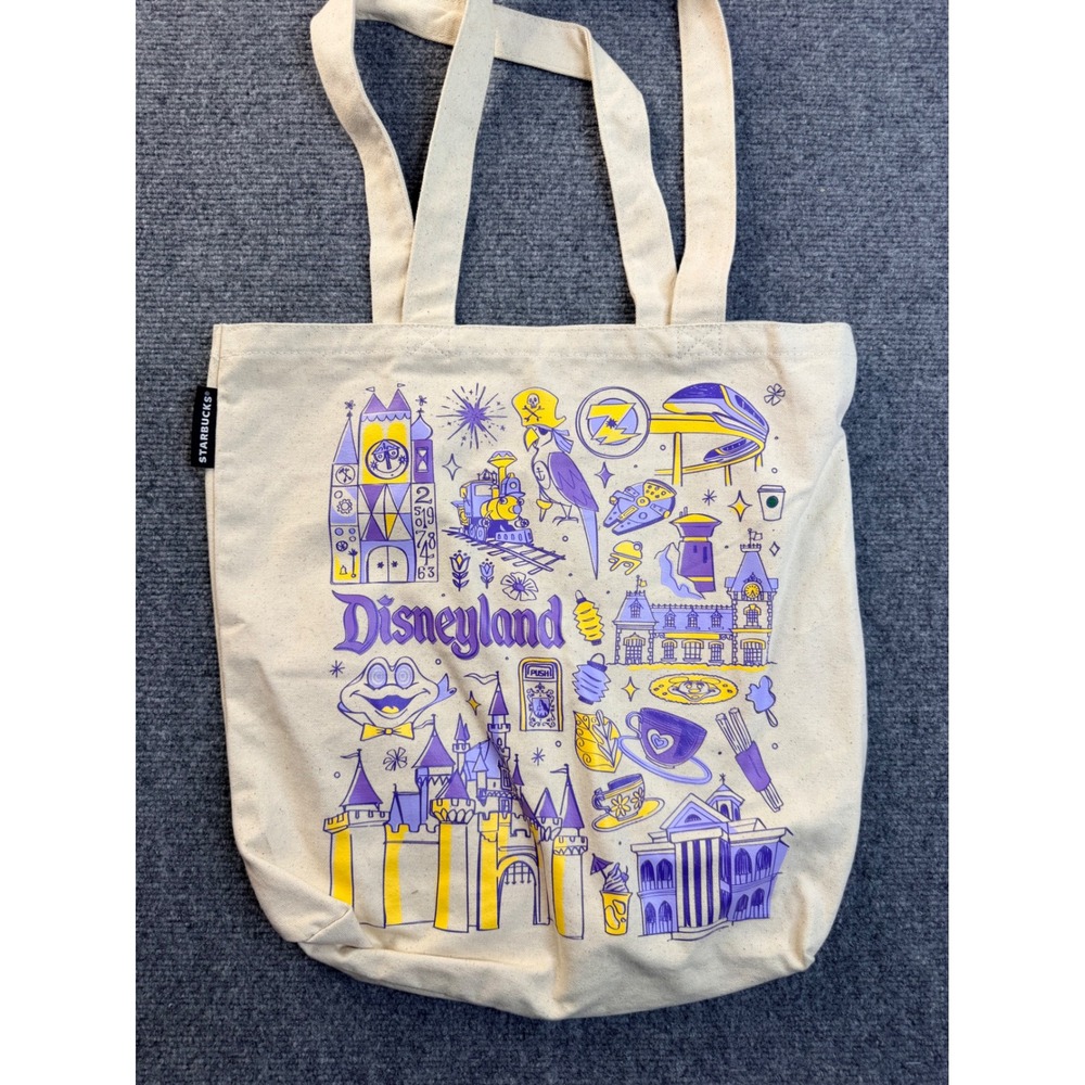 Starbucks Disney Parks Disneyland Canvas Tote Bag Purple Yellow Graphic Shopper